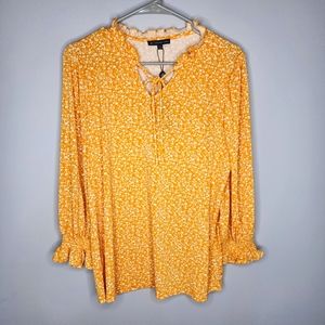 Adrianna Papell Ruffle Tie Neck Yellow with White Floral Blouse Size Large